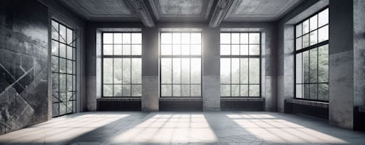 gray minimalist living room with large windows