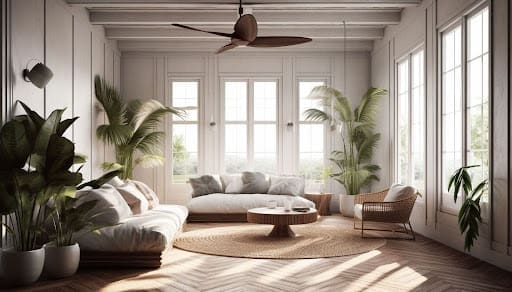 a living room with big windows