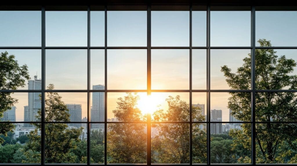 A beautiful open glass view of the sunset with trees and skyscrapers in the distance