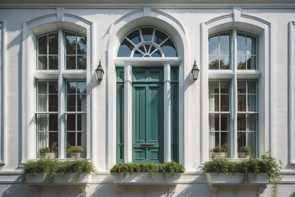 a green door with 2 large windows on the side