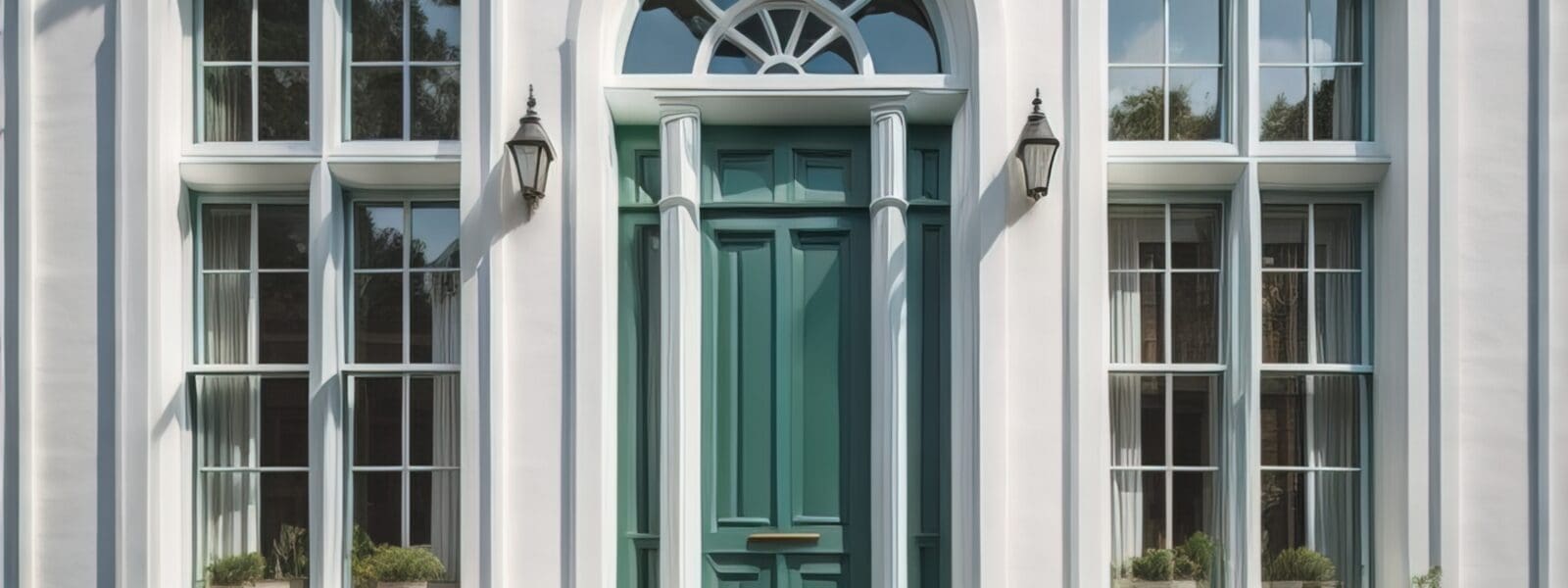 a green door with 2 large windows on the side