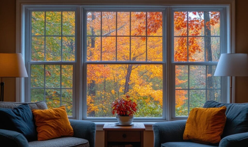 panoramic window overlooking an autumn tree